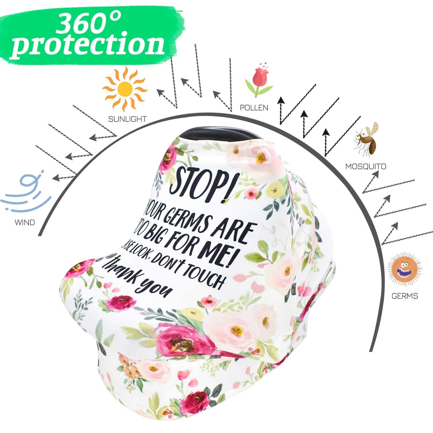 Car seat Cover & Car Seat Straps Shoulder Pads for Baby Girls Boys, Floral No Touching Sign Canopy and Stroller Seat Strap Covers for Newborn, Nursing Scarf, Kids Seat Belt Protectors Pushchair - Image 3