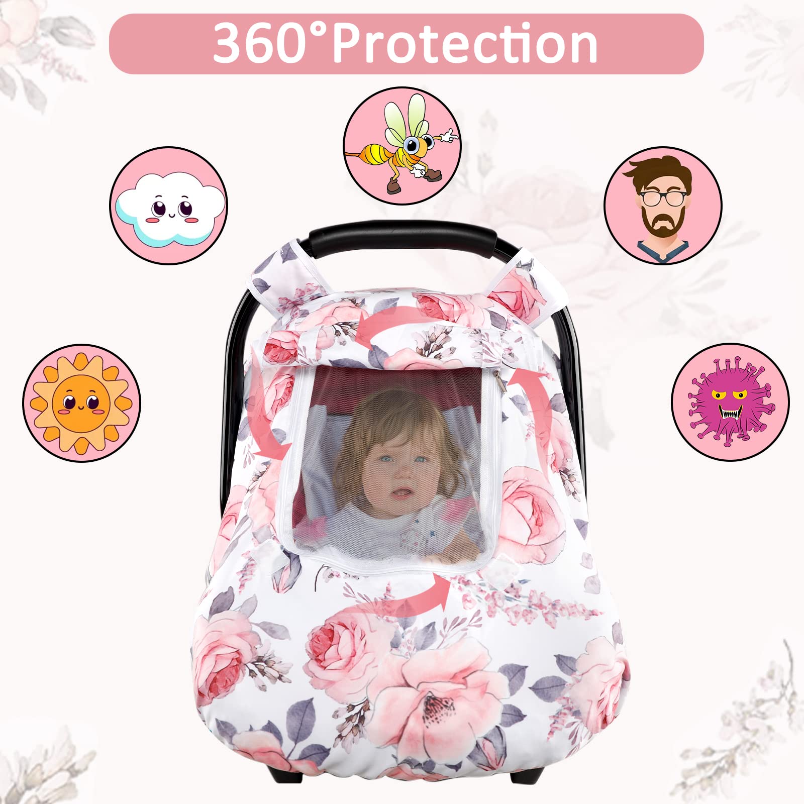 Baby Car Seat Cover and Blanket for Girls, Winter Car Seat Covers for Babies, Minky Blankets with Dotted Backing, Pink Floral - Image 4