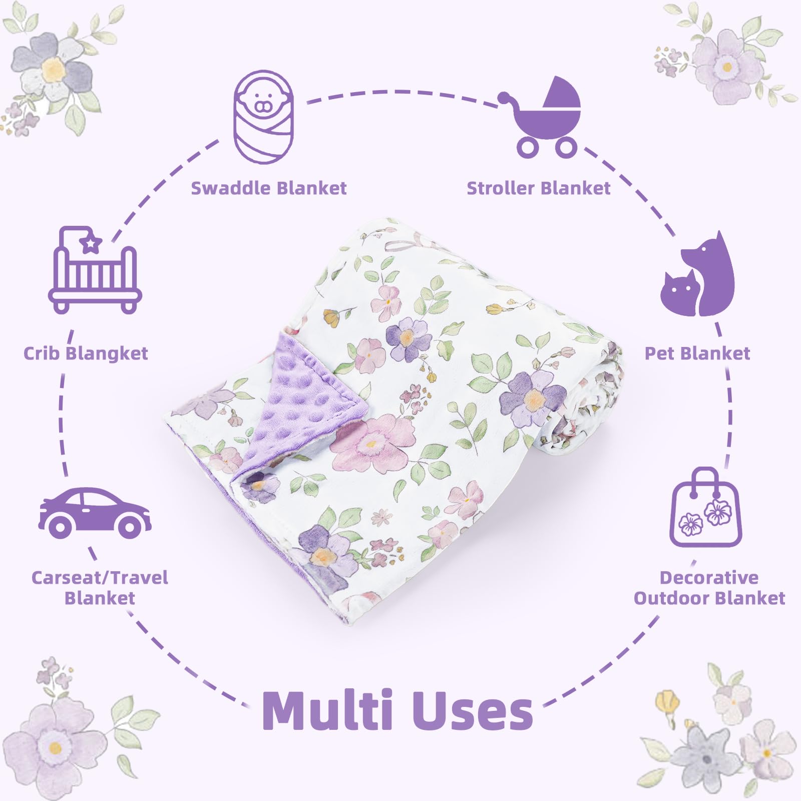 Infant Car Seat Insert, Baby Blankets, CarSeat Head Support Baby for Girls, Soft 3 in 1 Baby Car Seat Cushion for Strollers, Bouncers, Swing, Purple Floral - Image 9