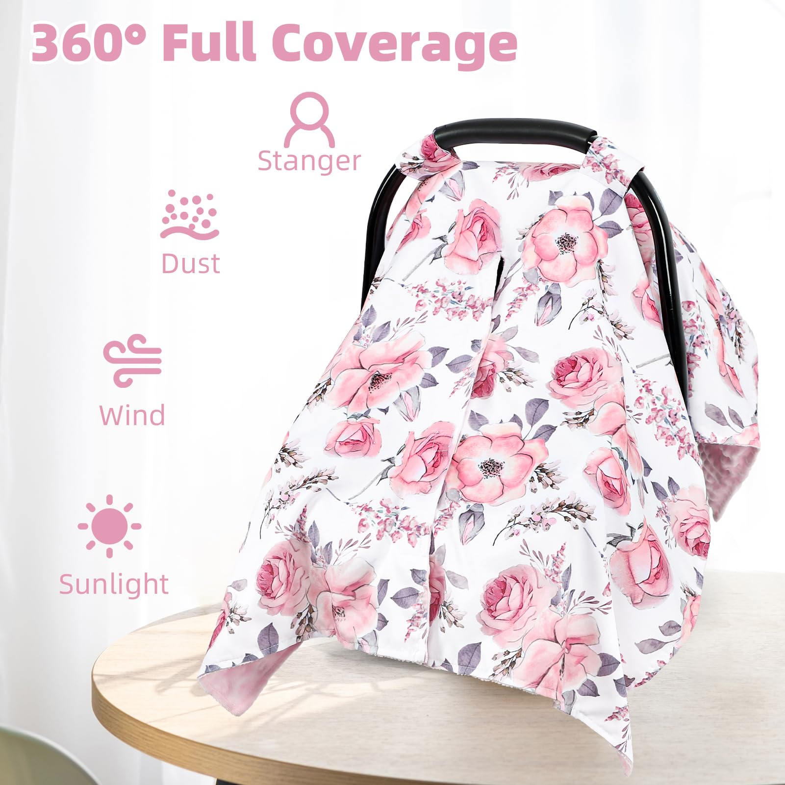 Car Seat Cover Baby, Infant Car Seat Insert, Peekaboo Opening Carseat Covers Baby, Universal Car Seat Canopy Cover & Nursing Cover, 360° Full Coverage Sun & Wind Protector, Floral - Image 6